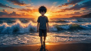 Mvulana wa anime mwenye huzuni akitembea peke yake kwenye pwani wakati wa machweo. — Anime ya kusikitisha Picha ya Ukuta