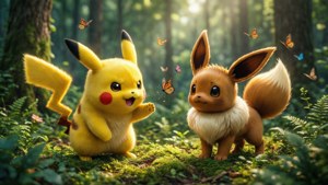 Pikachu na Eevee wanafurahia siku ya kucheza msituni. — Pikachu Picha ya Ukuta
