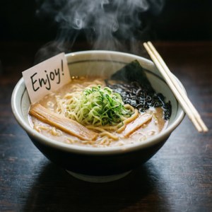 A close-up of a steaming ramen bowl delivered with a personal note. — Galaxy Watch Picha ya Ukuta