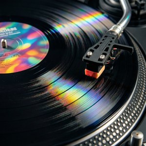 Picha ya karibu ya rekodi ya vinyl yenye mwanga wa rangi nyingi. — Muziki lenzi Picha ya Ukuta