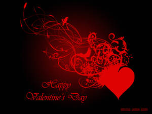 Bright red heart with tribal leaves and birds design on its half with text saying "Happy Valentine's Day" written in red on the bottom. — Mustawi Halisi Picha ya Ukuta