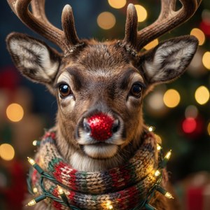 Reindeer mwenyezi mwenye pua nyekundu na shali katika mwanga wa sherehe — Pendwa Krismasi Picha ya Ukuta