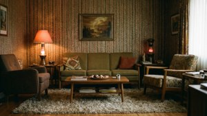 Sala ya kuishi ya retro ya miaka ya 1970 yenye mwonekano wa kusanyiko na mazingira ya kawaida.