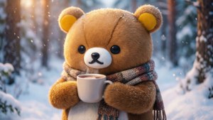 Rilakkuma mwenye kuwa na kusanyiko la kakao moto katika msitu wenye theluji, kamili kwa mazingira ya baridi yenye joto.