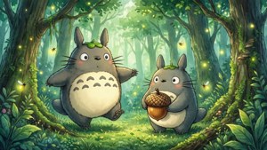 Roho za msitu za kupendeza kutoka Totoro, mandhari ya kawaida ya kukumbusha nyakati za zamani.