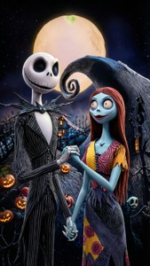 Jack na Sally wakipiga pozi za mabweni katika Mji wa Halloween.