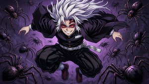 Rui akilingwa na msururu wa spida katikati ya hewa na mwanga wa dharau. — Rui Demon Slayer Picha ya Ukuta