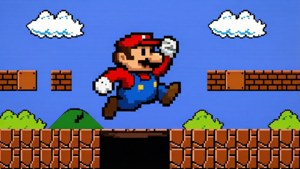 Sanaa ya pixel ya Mario akiruka juu ya shimo katika ngazi ya kawaida ya 8-bit ya Super Mario, ya zamani na ya kukumbusha nyakati. — Mario Picha ya Ukuta