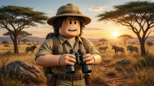 Piga safari na avatar ya Roblox katika savana.