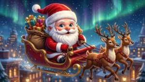 Santa wa chibi anime anafanya safari kwenye sleigh na reindeer juu ya mji usiku. — Anime ya krismasi Picha ya Ukuta