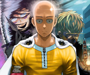 Picha ya mandhari ya Saitama mcheshi pamoja na Genos — Anime za Kuchekesha Picha ya Ukuta