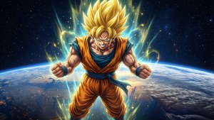 SSJ4 Goku anayemwenda kwenye mwendo na Dunia nyuma.