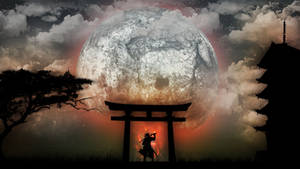 Samurai wa Japoni na Torii ya Mwezi — Samurai wa Kijapani Picha ya Ukuta