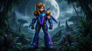 Tukio la kisayansi la Samus Aran kwenye sayari ya kigeni ikiwa na mwezi mkubwa. — Nintendo Picha ya Ukuta