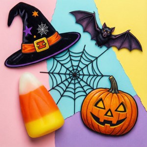 Collage ya kifani cha Halloween kwenye mandhari ya pastel