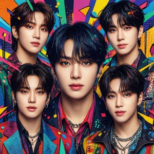 Jalada la albamu lenye mtindo wa sanaa ya pop angavu linaloangazia kikundi cha Kpop