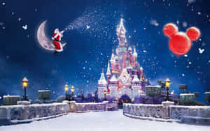santa claus akiruka juu ya kasri kwa puto — Krismasi ya disney Picha ya Ukuta