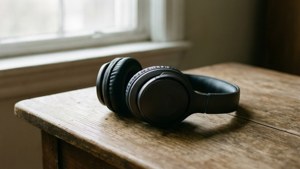 Mazingira ya sauti za kichwa juu ya meza ya mbao katika mwanga wa laini. — Muziki lenzi Picha ya Ukuta