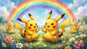 Rangi ya maji ya kupendeza ya Pikachu akicheza kwenye shamba la maua na upinde wa mvua. — Nintendo Picha ya Ukuta