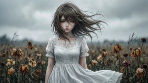 Mwanamke wa anime katika shamba linalokausha, mwenye mhuzuni na kufukwa na upepo. — Anime ya kusikitisha Picha ya Ukuta