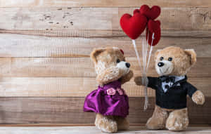 Siku ya Wapendanao Wanaume wa Teddy Wapenzi na Baluni za Moyo Mwekundu — Mioyo Picha ya Ukuta
