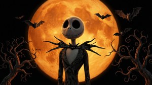 Silhouette ya Jack inaonekana dhidi ya mwezi wa ubao mkubwa. — Usiku wa kutisha kabla ya krismasi Picha ya Ukuta