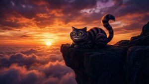 Silhouette ya Paka Cheshire dhidi ya machweo yenye rangi mbalimbali. — Paka Cheshire Picha ya Ukuta