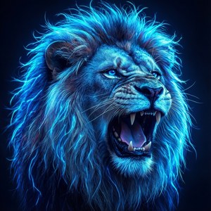 Sanaa ya kidijitali ya simba anayenguruma akiwa na manyoya ya shingoni ya buluu wa neon — Samawi wa neon Picha ya Ukuta