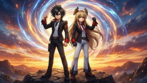Picha ya ukutani yenye msukumo ya Simon na Nia kutoka Gurren Lagann — Mwanandoa wa anime Picha ya Ukuta