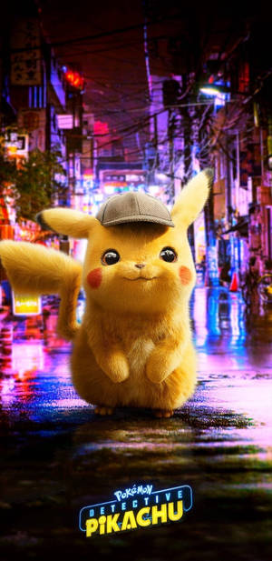 Simu ya Pokemon Pikachu wa Upelelezi Akitabasamu — Mji wa neon Picha ya Ukuta