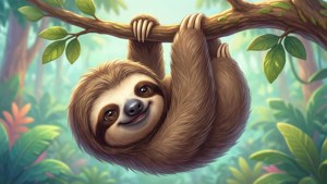 Sloth mdogo wa kawaii anayotundikwa chini kwa chini. — Kawaii Picha ya Ukuta