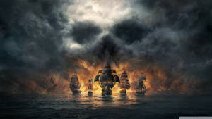 Big skull in thick smoke of burning ships wallpaper.