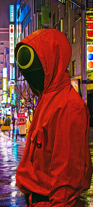 Squid Game nyekundu hoodie nyeusi mask wallpaper — iPhone 13 Pro Picha ya Ukuta