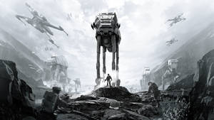 Wallpaper ya jalada la mchezo wa Star Wars Battlefront yenye picha za rangi nyeusi na safi.