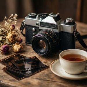 Kamera ya kale pamoja na filamu za negativi na mafuta yaliyokaushwa. — Aesthetic ya indie Picha ya Ukuta