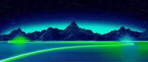 Sanaa ya synthwave ya mandhari ya neon ya bluu na kijani.