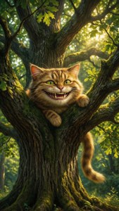 Paka wa Cheshire anayetabasamu kwa uhalisi kwenye mti wa mwaloni ulioangaziwa na jua. — iPhone 6 Picha ya Ukuta