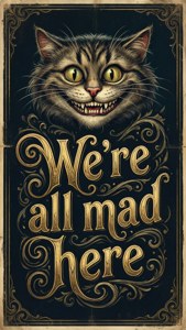 Tapiti ya typografia yenye Cheshire Cat na tafsiri 'Wote tuna wazimu hapa'. — Paka Cheshire Picha ya Ukuta