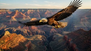 Tai anayeruka juu ya Grand Canyon wakati wa jua la dhahabu.