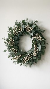 Taji rahisi la eucalyptus kwenye ukuta mweupe, mtindo wa Skandinavia. — Aesthetic krismasi Picha ya Ukuta