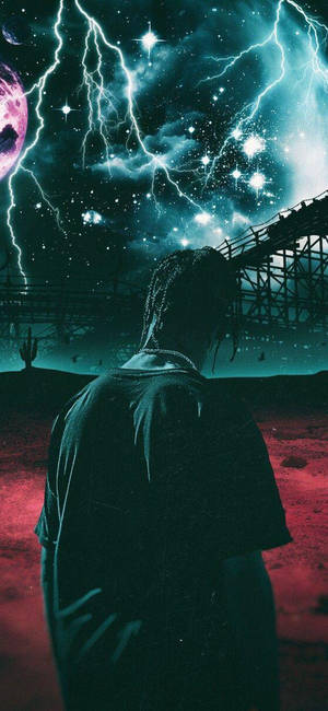 Astroworld wallpaper with aesthetic image of Travis Scott and lightning background.