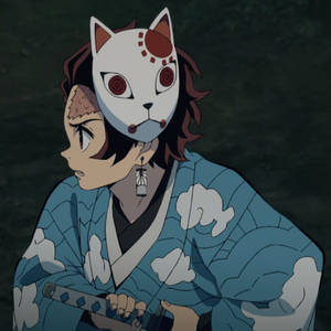 Picha ya ukutani ya Tanjiro akiwa amevaa kinyago cha mwuaji wa mashetani — Demon Slayer Nezuko Picha ya Ukuta