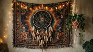 Tapestry ya Bohemia yenye mtego wa ndoto na taa za kipepeo.