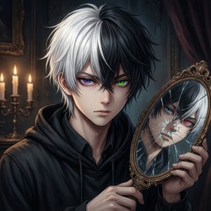 Mvulana wa anime mwenye nywele zilizogawanyika na kioo kilichovunjika.