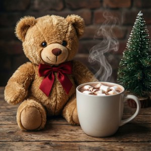 Teddy bear mwenye joto na kinywaji cha konyagi moto na mti mdogo wa Krismasi, kamili kwa picha ya mandhari ya hygge. — Pendwa Krismasi Picha ya Ukuta