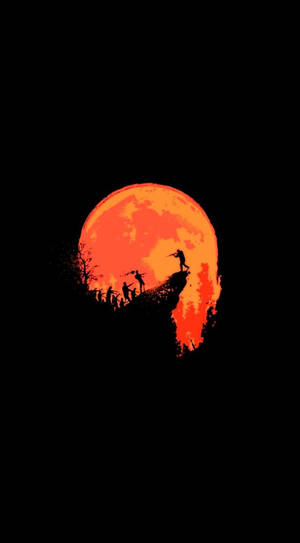 AMOLED wallpaper of a cliff and armed men's silhouette in an orange moon backdrop.