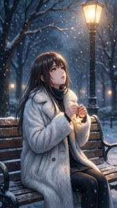 Mwanamke wa anime anayekaa kwenye benchi kwenye theluji chini ya mwanga wa barabara — Anime ya krismasi Picha ya Ukuta