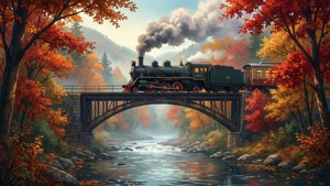 Mandhari ya anime ya vuli yenye nostalgia, treni ikikwisha bridge. — Mandhari ya anime Picha ya Ukuta