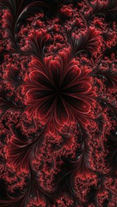 Muundo wa fractal wa giza wenye mvuto wa kusisimua, na maumbo ya maua ya kikaboni yenye rangi nyekundu iliyokoza — Trippy giza aesthetic Picha ya Ukuta