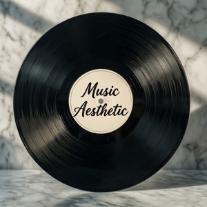 Rekodi ya vinyl yenye maandishi 'Music Aesthetic' kwenye marumaru ya minimalist. — Muziki lenzi Picha ya Ukuta